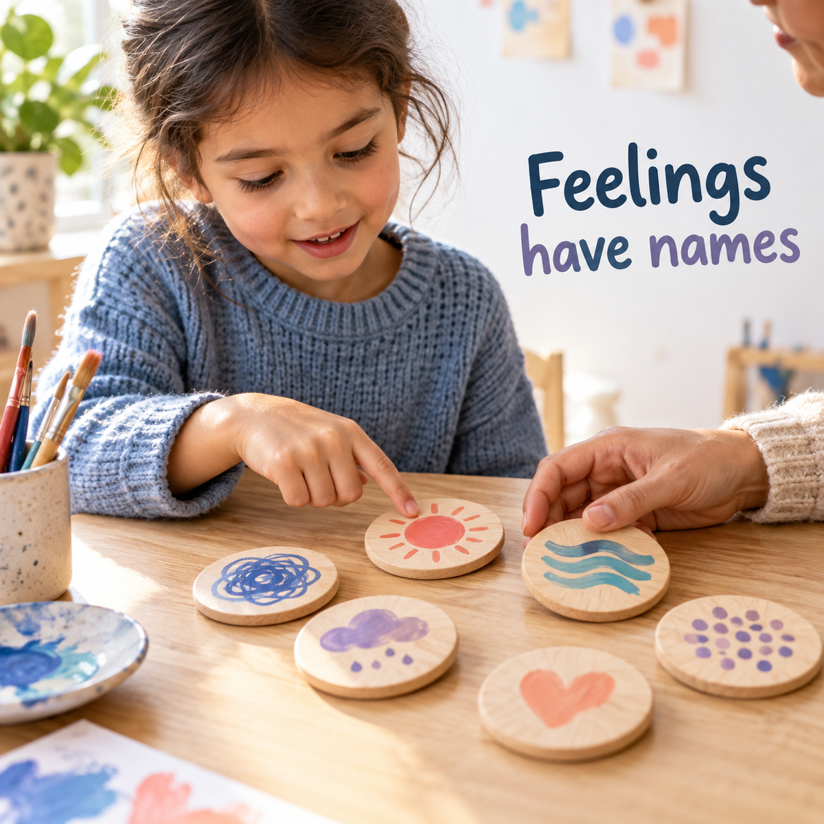 Illustrative child exploring feelings with an adult using original wooden emotion symbols