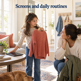 Illustrative child and caregiver discussing daily routines with a tablet set aside; not an exact workbook page