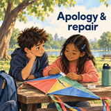 Original illustrative apology and repair scene of children mending a kite, not an exact workbook page