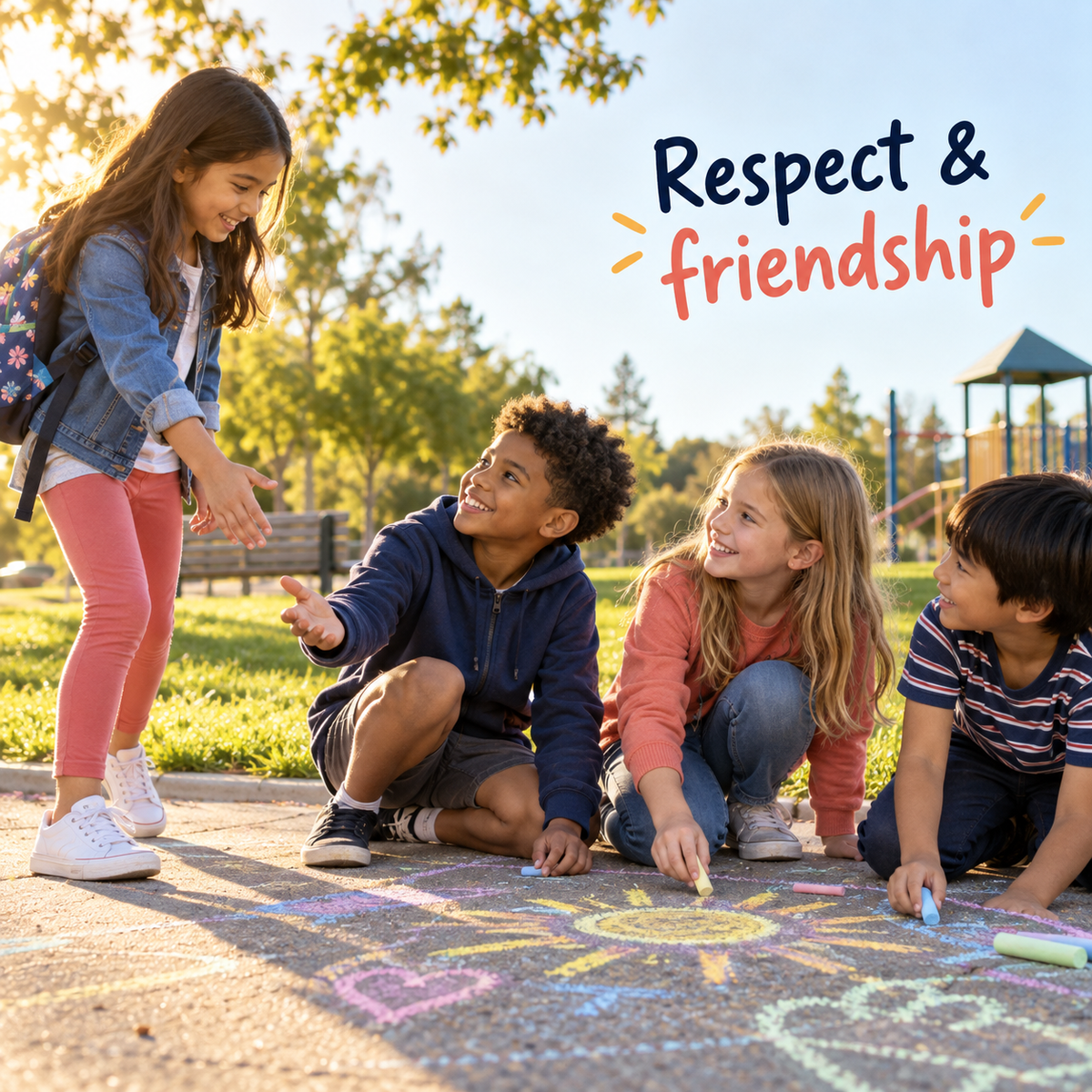Illustrative children including a peer in outdoor chalk play, representing respect and friendship