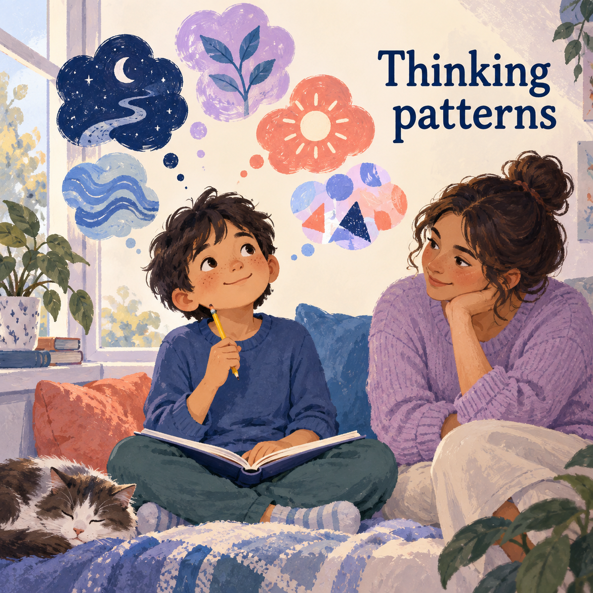 Original illustration of child and caregiver exploring different thoughts; not an exact workbook card