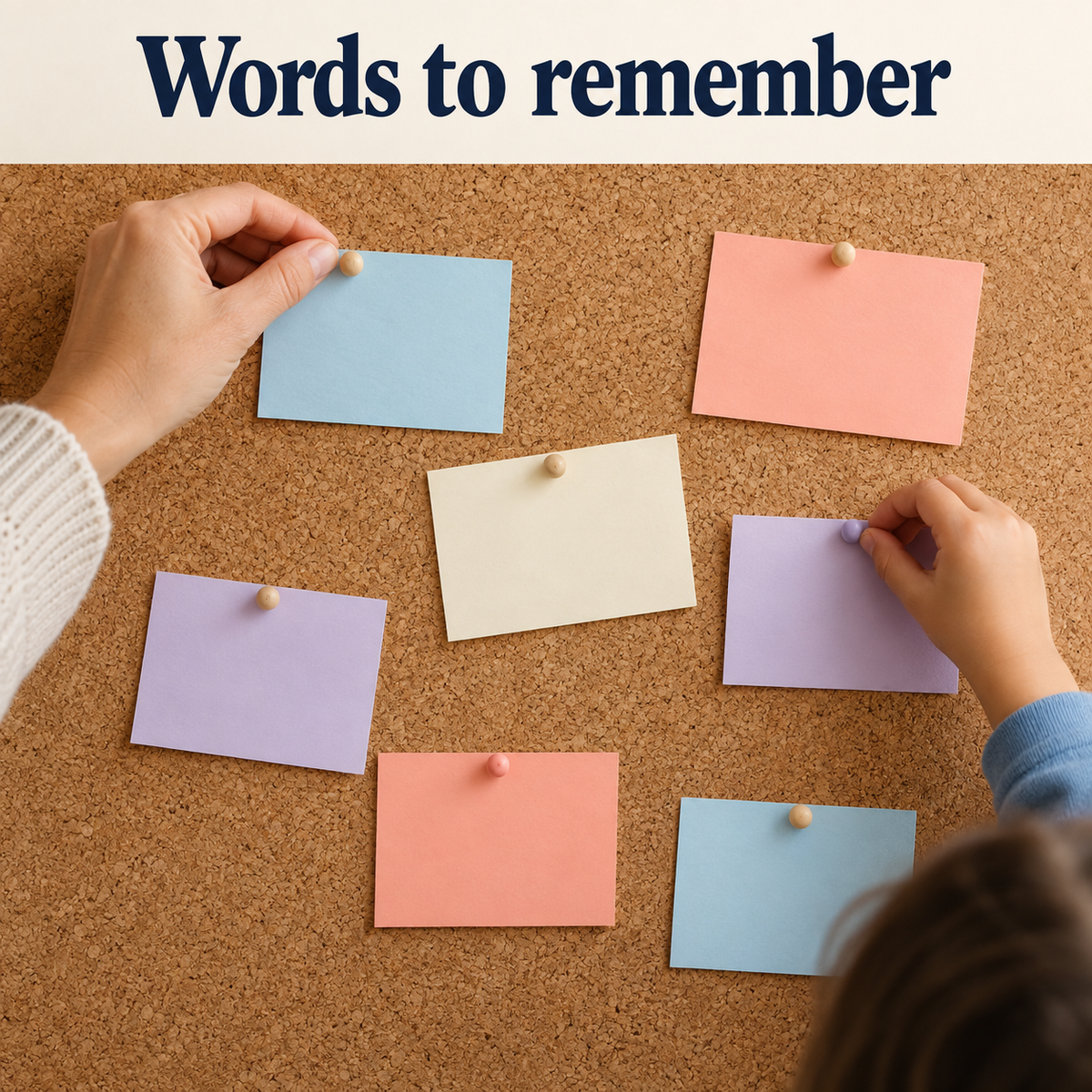 Illustrative blank reminder cards pinned with adult guidance; not actual workbook pages