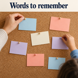 Illustrative blank reminder cards pinned with adult guidance; not actual workbook pages