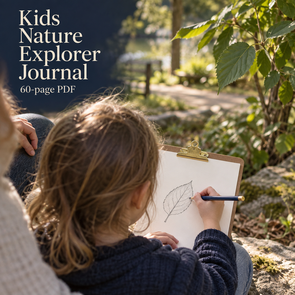 Kids Nature Explorer Journal editorial title graphic, with child sketching a leaf outdoors; 60-page digital PDF. Illustrative image, not the exact PDF cover.