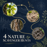 Original field-guide graphic representing four nature scavenger hunts with leaves, bark, an ant and animal tracks; not an exact PDF preview
