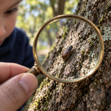 Child observing a beetle through a magnifying glass without touching it; illustrative activity scene