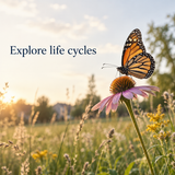 Butterfly on a flower with Explore life cycles caption, representing the journal's butterfly topic; illustrative, not an exact PDF page