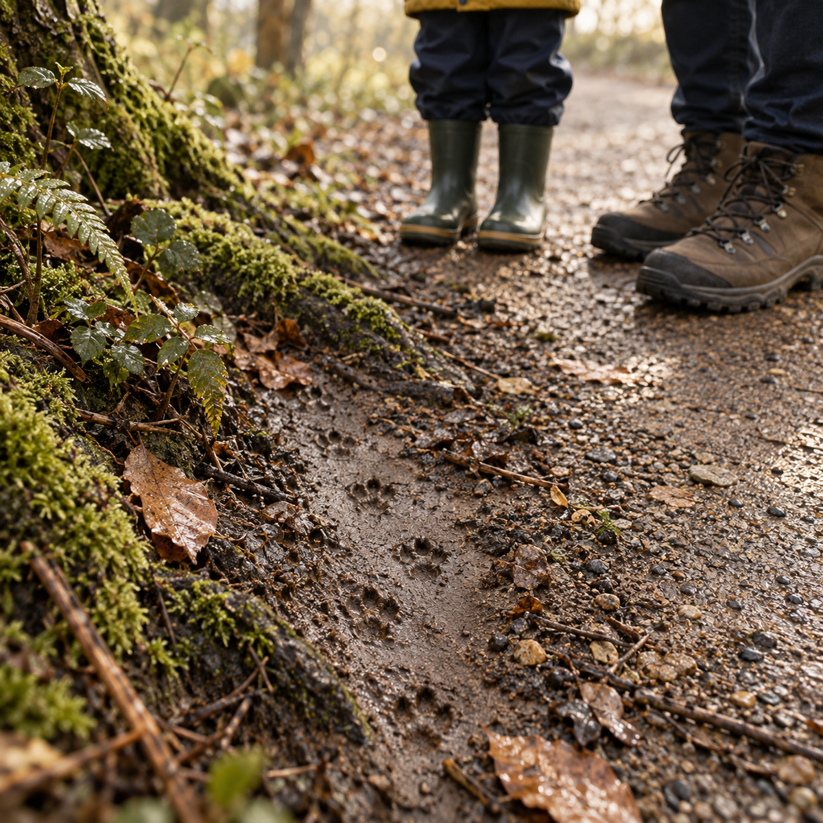 Child and adult observing unidentified animal tracks from a path without disturbing them; illustrative activity scene