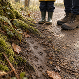 Child and adult observing unidentified animal tracks from a path without disturbing them; illustrative activity scene