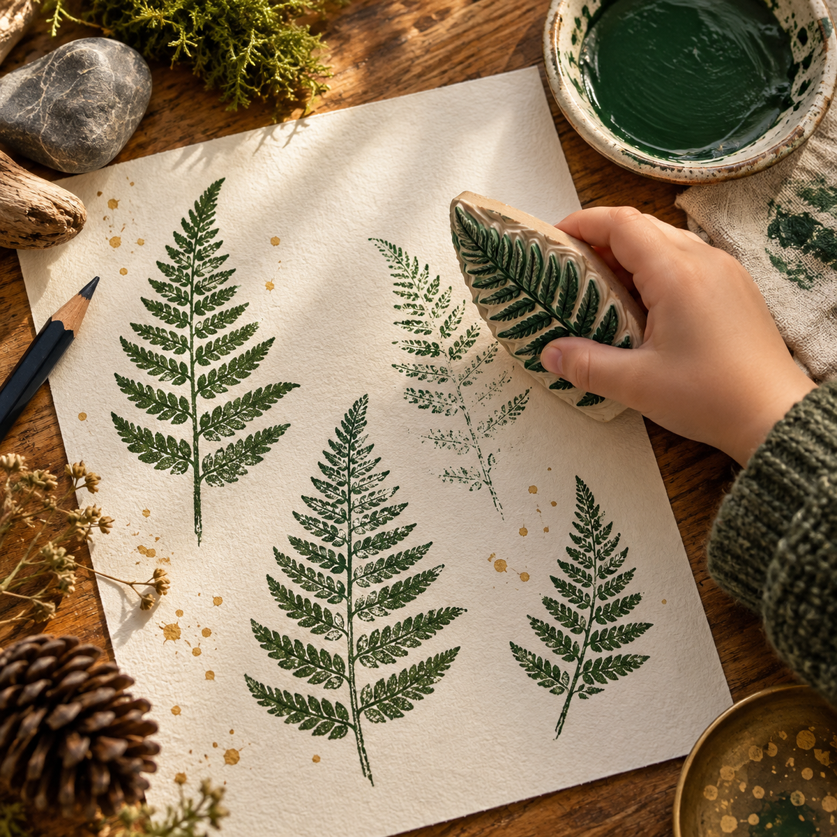 Fern-inspired art printing with ink and paper, representing the journal's guided nature-art activity; illustrative, not an exact PDF page