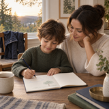 Child sketching nature memories with caregiver after an outdoor walk; illustrative scene