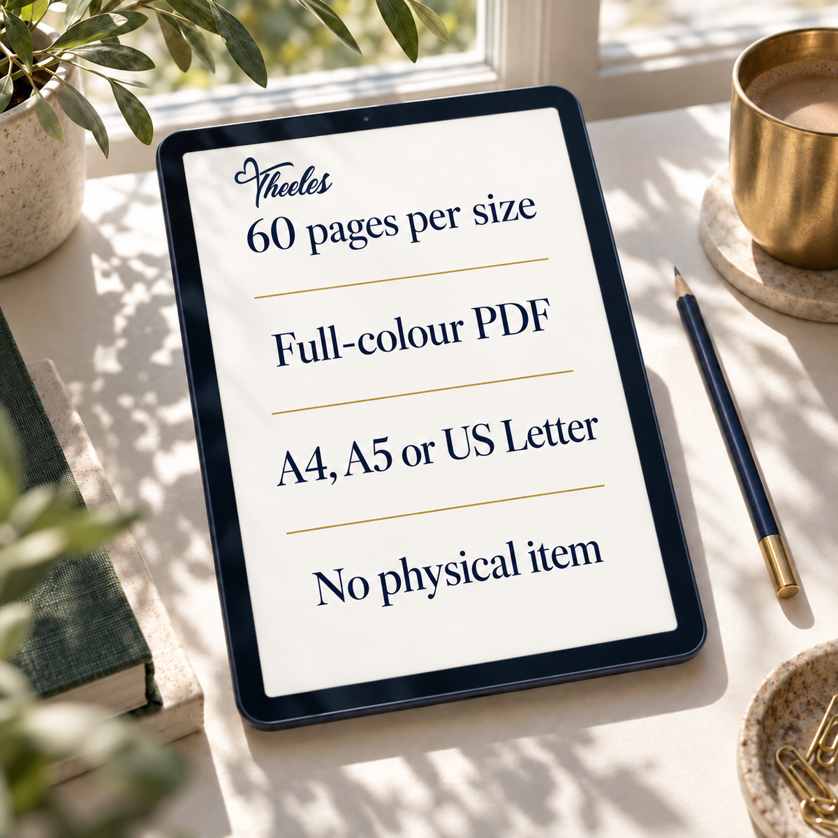 Theeles-branded digital journal details: 60 pages per selected size, full-colour PDF, A4 A5 or US Letter, no physical item