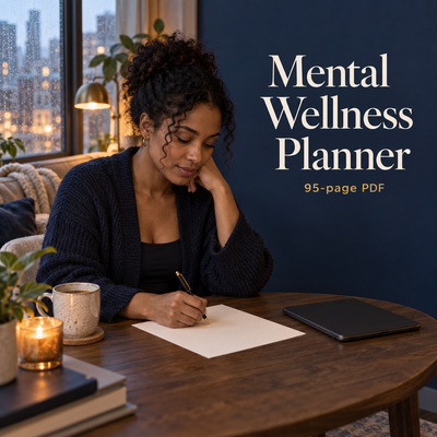 Illustrative Mental Wellness Planner 95-page PDF cover image showing a quiet adult journaling moment; not an exact PDF page