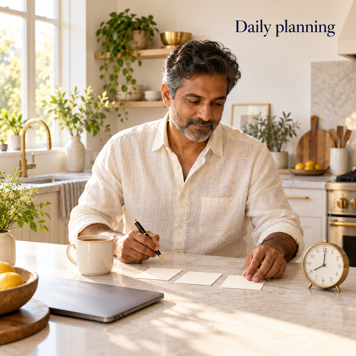 Illustrative adult choosing a manageable daily plan at home; not an exact PDF page