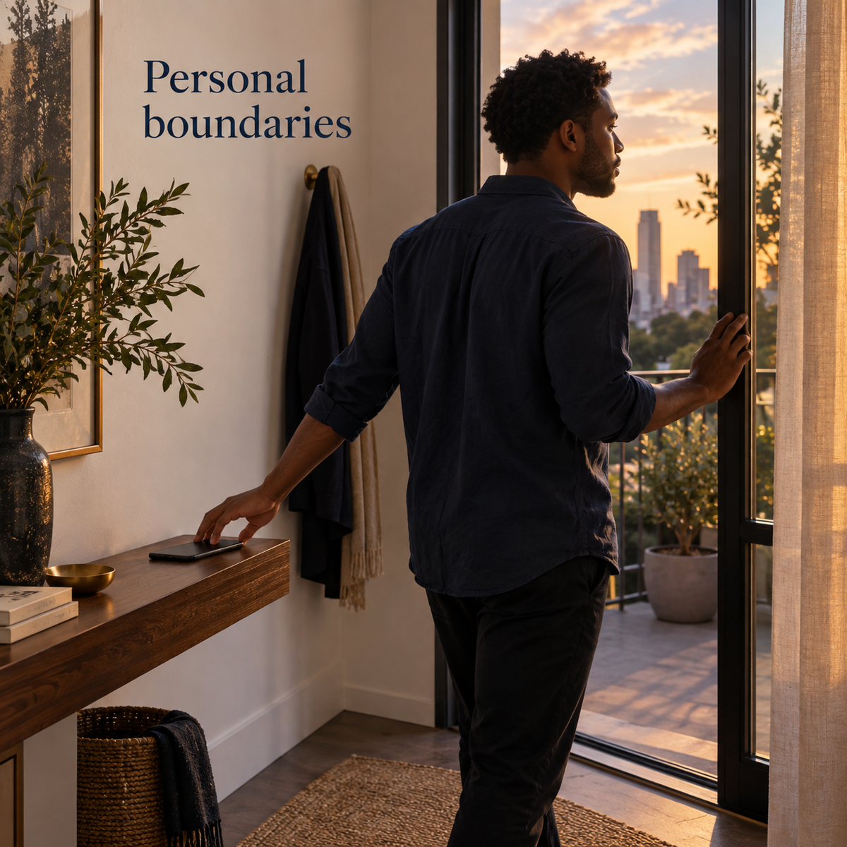 Illustrative adult setting a phone aside for personal space and reflection