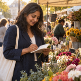 Illustrative gratitude reflection during an ordinary flower-market visit; not a PDF preview