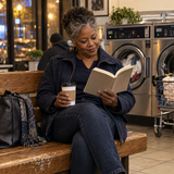 Illustrative adult taking a self-chosen reading pause during a laundromat wait