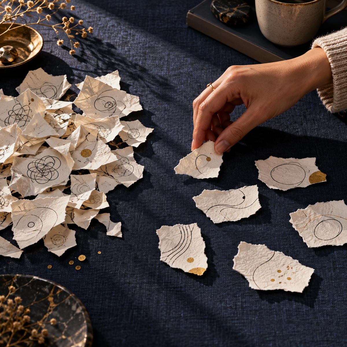 Original abstract thought-sorting metaphor with hand moving paper fragments; not workbook pages