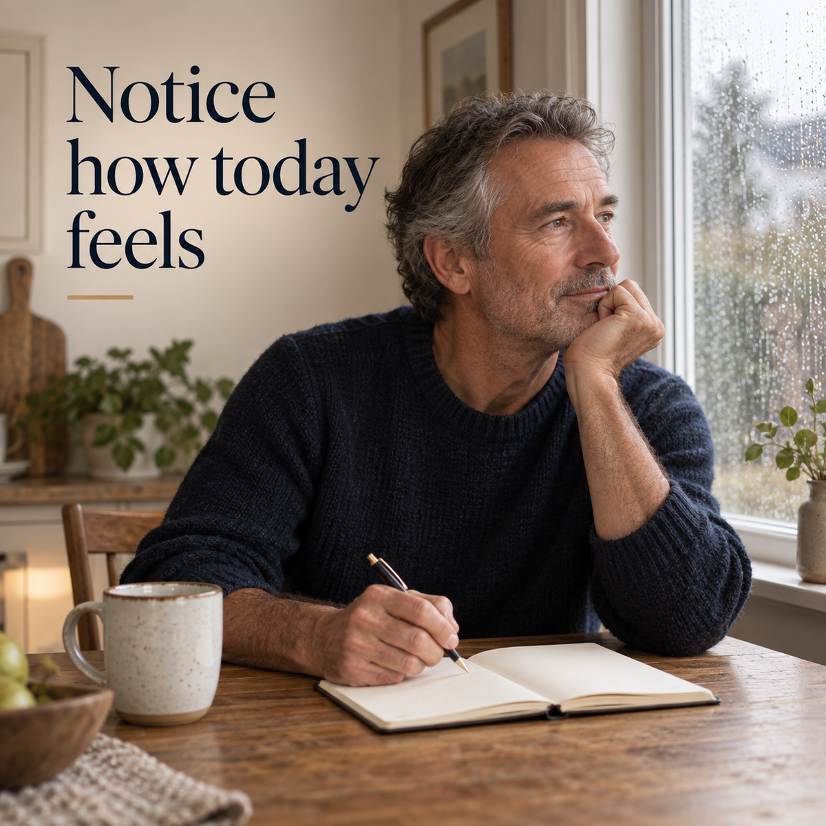 Illustrative rainy-kitchen scene about noticing how today feels, Theeles mental wellness reflection workbook