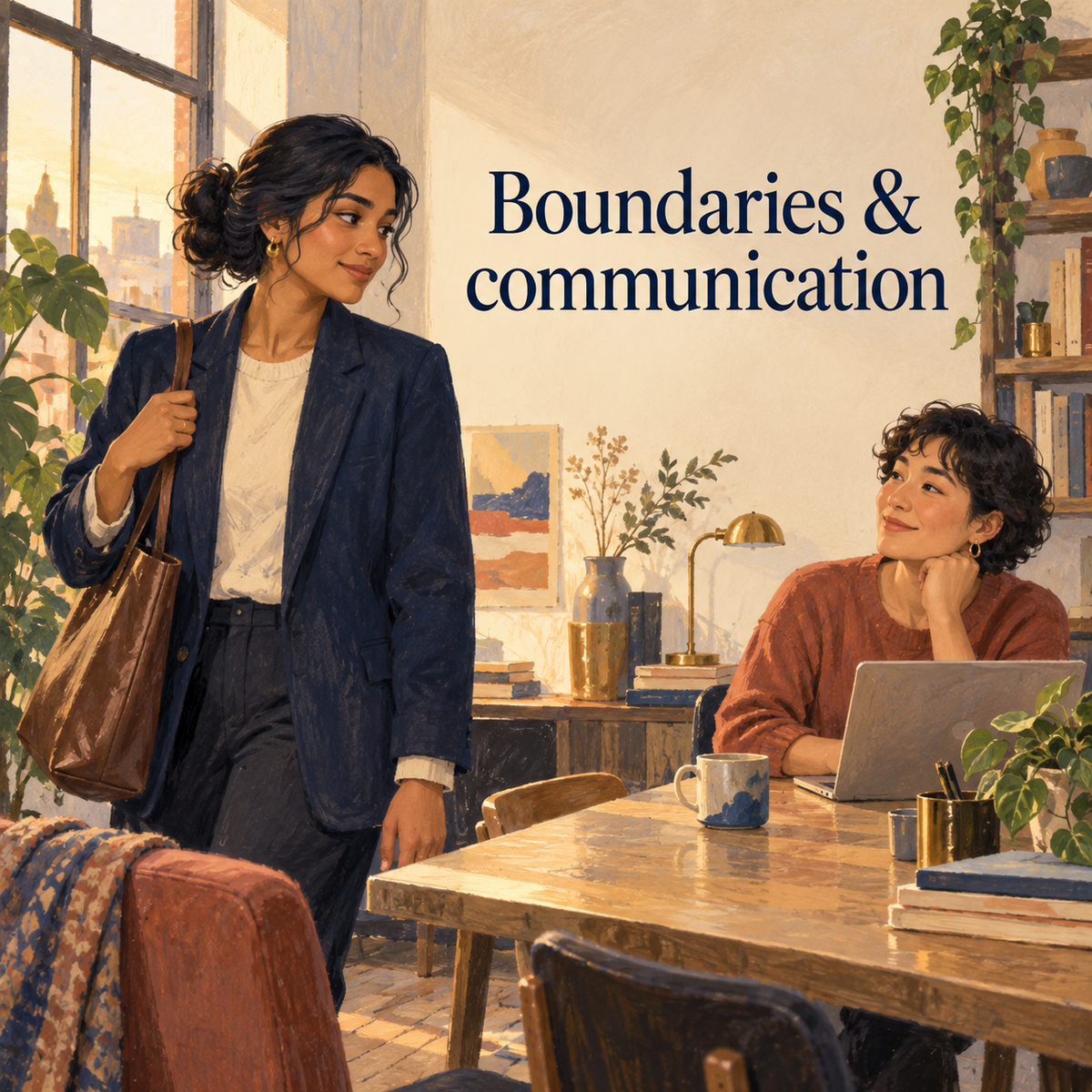 Illustrative scene about boundaries and communication, Theeles mental wellness reflection workbook