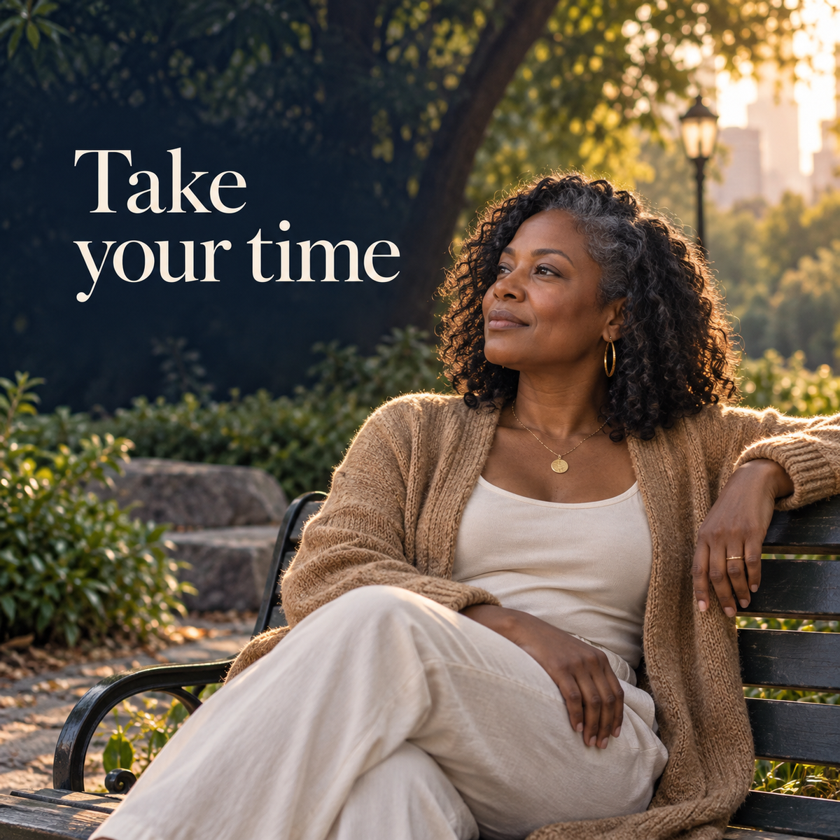 Illustrative park-bench scene about taking reflection at your own pace, Theeles mental wellness workbook