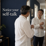 Illustrative mirror scene about noticing self-talk, Theeles mental wellness reflection workbook