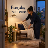 Illustrative reading-nook scene about everyday self-care, Theeles mental wellness reflection workbook