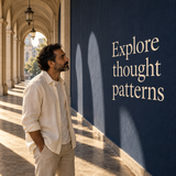 Illustrative architectural scene about exploring thought patterns, Theeles mental wellness reflection workbook