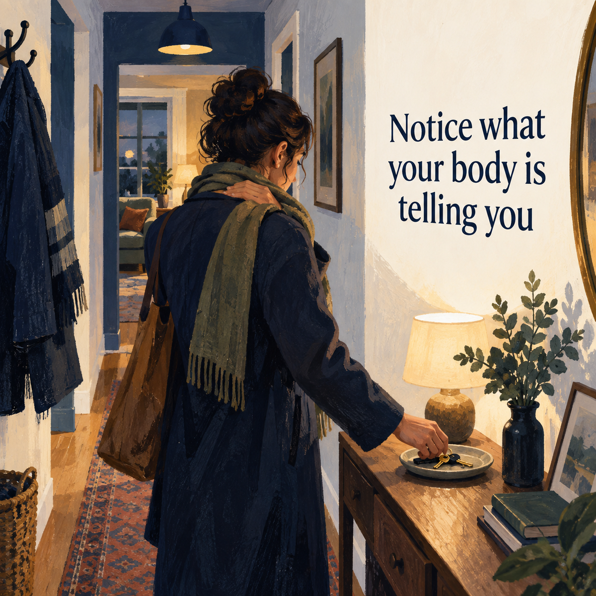 Illustration of an adult noticing shoulder tension after arriving home