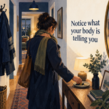 Illustration of an adult noticing shoulder tension after arriving home
