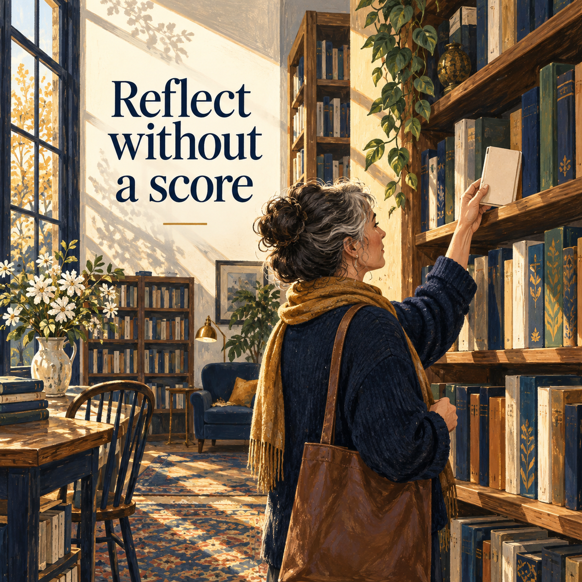 Illustration of a reader choosing a notebook for self-reflection without a score
