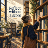 Illustration of a reader choosing a notebook for self-reflection without a score