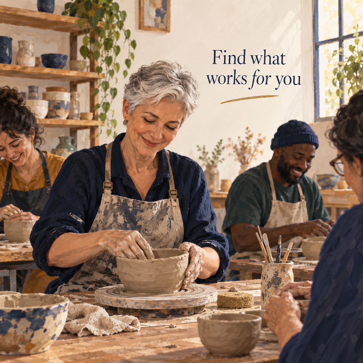 Illustration of adults exploring an enjoyable pottery activity