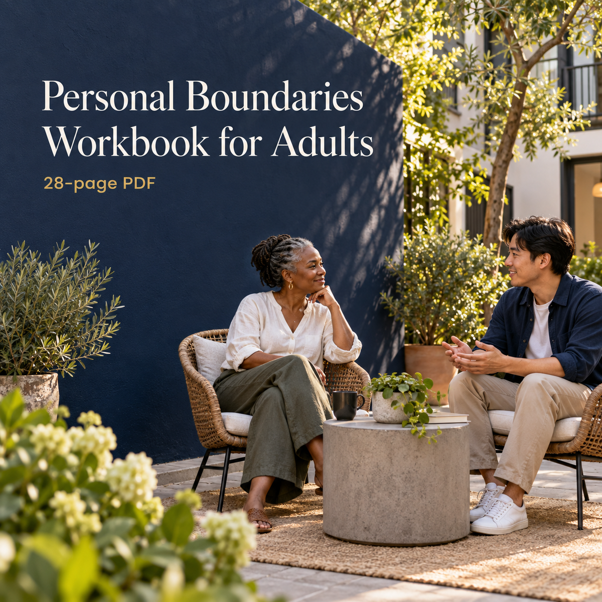 Theeles Personal Boundaries Workbook for Adults 28-page PDF illustrated by two adults in a calm courtyard conversation