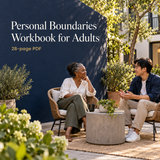 Theeles Personal Boundaries Workbook for Adults 28-page PDF illustrated by two adults in a calm courtyard conversation