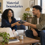 Illustrative respectful handoff of a borrowed camera, representing material boundaries