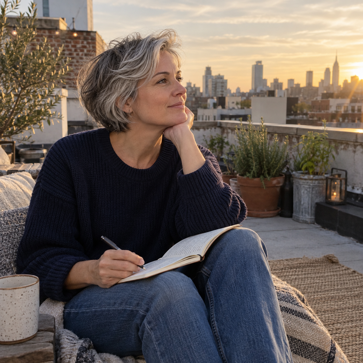Illustrative private adult reflection in a plain notebook on a city rooftop; not an actual workbook self-check