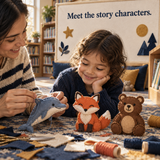 Original felt animal story characters used as metaphors in a child-guided conversation