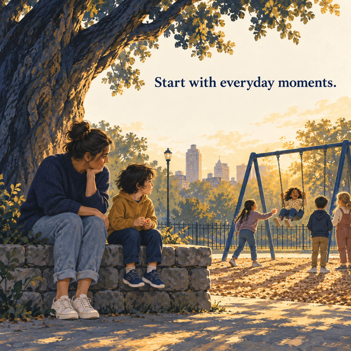 Illustrative child and caregiver taking time together at a playground