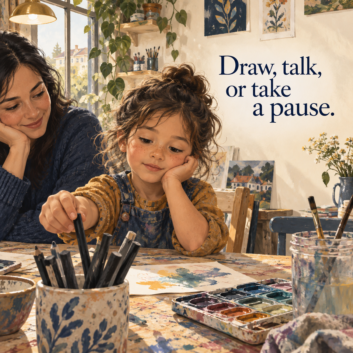 Illustrative child-led art scene about drawing, talking, or taking a pause