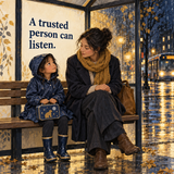Illustrative scene of a trusted adult listening to a child at a rainy bus shelter