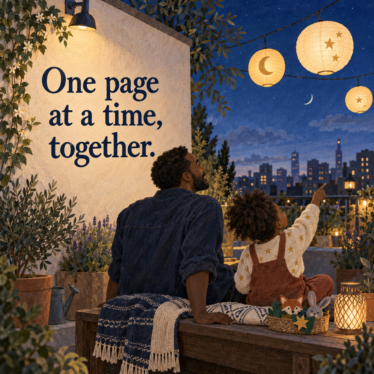 Illustrative child and caregiver sharing one page at a time under evening lanterns