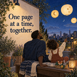 Illustrative child and caregiver sharing one page at a time under evening lanterns