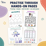 Sample tracing, maze and cut-and-paste preschool activities with supervision note