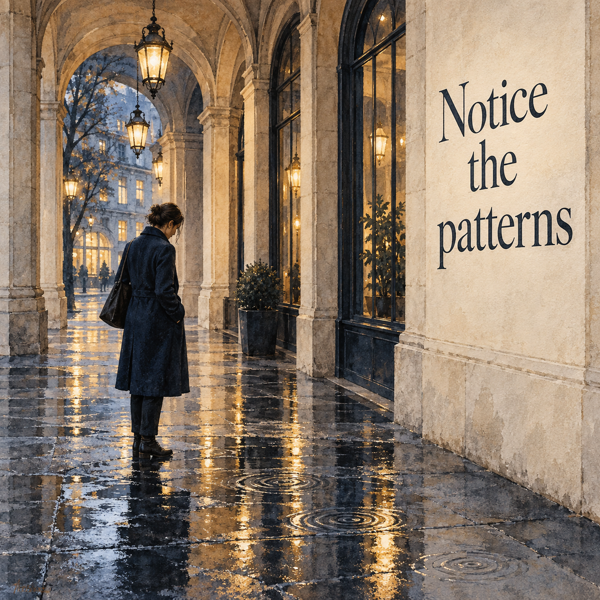 Illustrative rain-arcade scene about noticing personal patterns, Recovery Reflection workbook