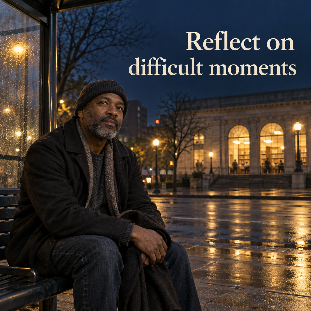Illustrative bus-stop scene about reflecting on difficult moments, Recovery Reflection workbook