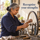 Illustrative bicycle-repair scene about recognizing strengths, Recovery Reflection workbook