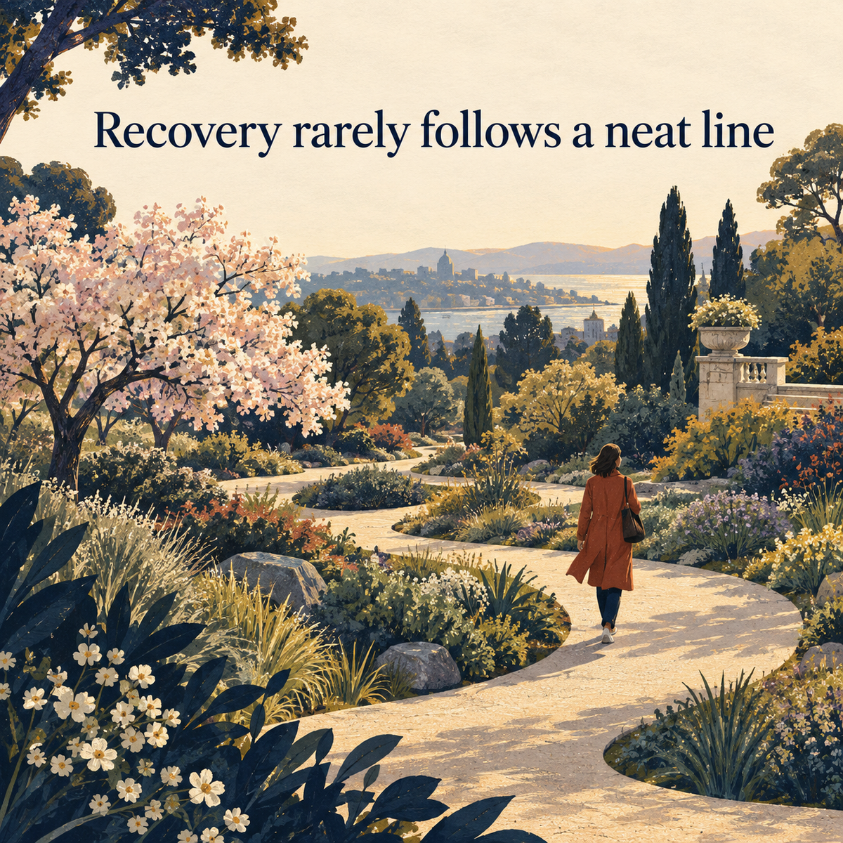 Illustrative garden path scene expressing that recovery rarely follows a neat line