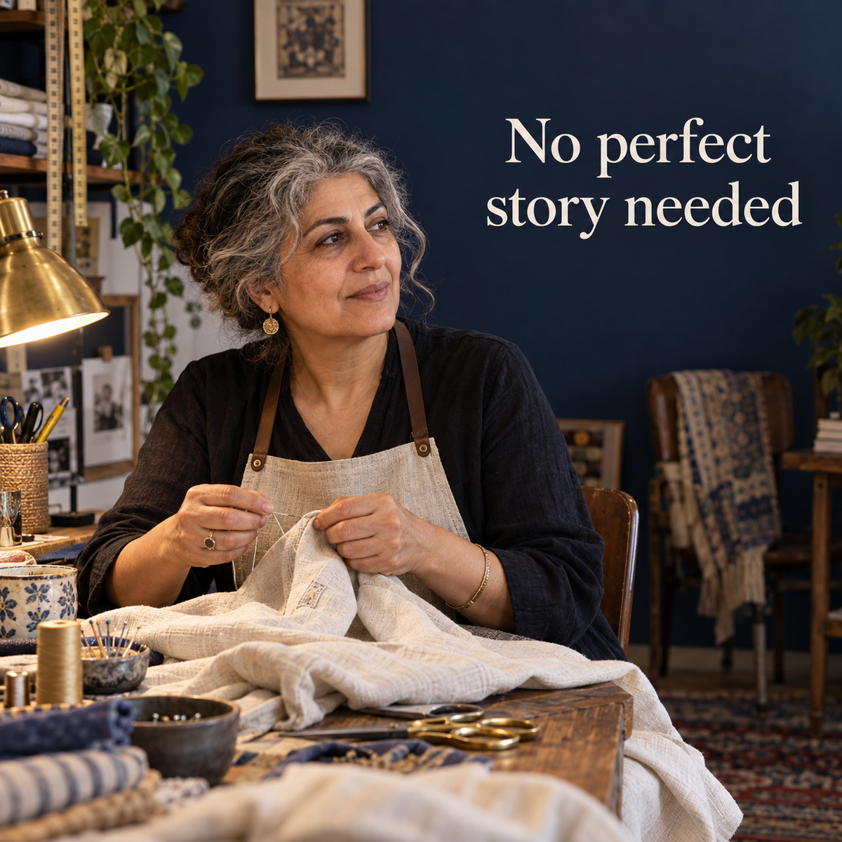 Illustrative textile-studio scene about reflection without a perfect recovery story