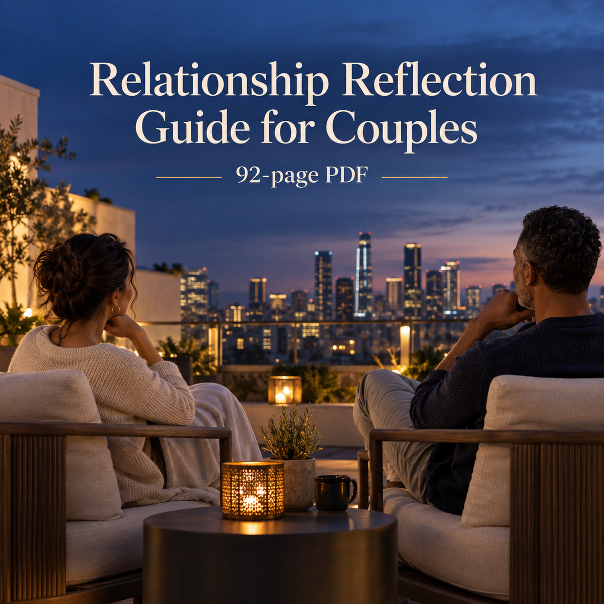 Relationship Reflection Guide for Couples, 92-page PDF; illustrative evening reflection scene